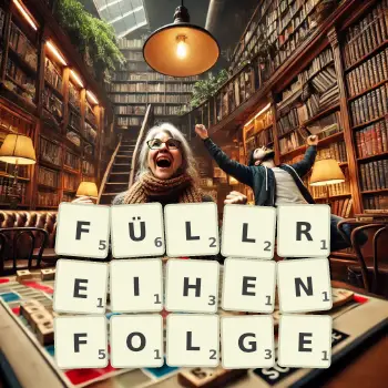 Kreative Illustration für ein Scrabble-Spiel, bei dem das Wort FÜLLREIHENFOLGE mit Steinen auf dem Brett gelegt wurde.