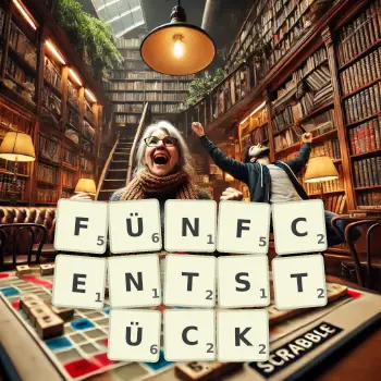 Kreative Illustration für ein Scrabble-Spiel, bei dem das Wort FÜNFCENTSTÜCK mit Steinen auf dem Brett gelegt wurde.