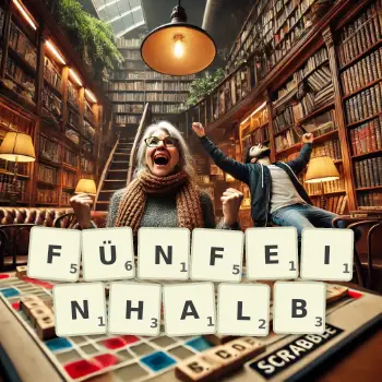 Kreative Illustration für ein Scrabble-Spiel, bei dem das Wort FÜNFEINHALB mit Steinen auf dem Brett gelegt wurde.