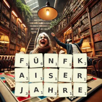 Kreative Illustration für ein Scrabble-Spiel, bei dem das Wort FÜNFKAISERJAHRE mit Steinen auf dem Brett gelegt wurde.