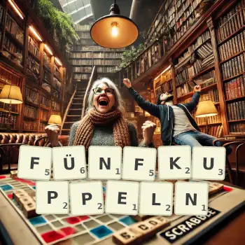 Kreative Illustration für ein Scrabble-Spiel, bei dem das Wort FÜNFKUPPELN mit Steinen auf dem Brett gelegt wurde.