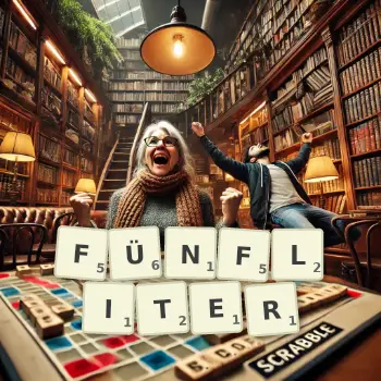 Kreative Illustration für ein Scrabble-Spiel, bei dem das Wort FÜNFLITER mit Steinen auf dem Brett gelegt wurde.