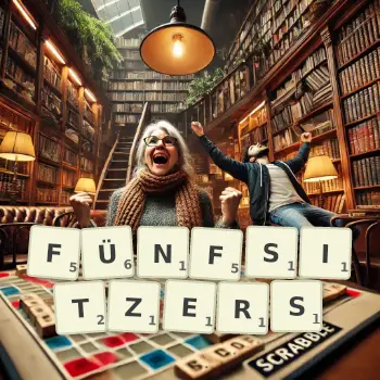 Kreative Illustration für ein Scrabble-Spiel, bei dem das Wort FÜNFSITZERS mit Steinen auf dem Brett gelegt wurde.
