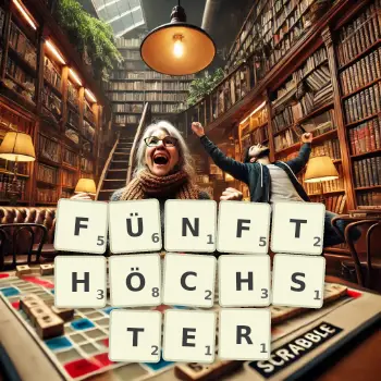 Kreative Illustration für ein Scrabble-Spiel, bei dem das Wort FÜNFTHÖCHSTER mit Steinen auf dem Brett gelegt wurde.