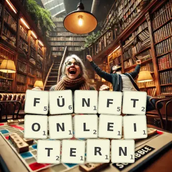 Kreative Illustration für ein Scrabble-Spiel, bei dem das Wort FÜNFTONLEITERN mit Steinen auf dem Brett gelegt wurde.