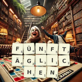 Kreative Illustration für ein Scrabble-Spiel, bei dem das Wort FÜNFTÄGLICHEN mit Steinen auf dem Brett gelegt wurde.