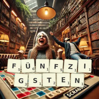 Kreative Illustration für ein Scrabble-Spiel, bei dem das Wort FÜNFZIGSTEN mit Steinen auf dem Brett gelegt wurde.