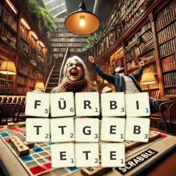 Kreative Illustration für ein Scrabble-Spiel, bei dem das Wort FÜRBITTGEBETE mit Steinen auf dem Brett gelegt wurde.