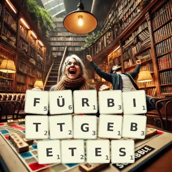 Kreative Illustration für ein Scrabble-Spiel, bei dem das Wort FÜRBITTGEBETES mit Steinen auf dem Brett gelegt wurde.