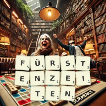 Kreative Illustration für ein Scrabble-Spiel, bei dem das Wort FÜRSTENZEITEN mit Steinen auf dem Brett gelegt wurde.