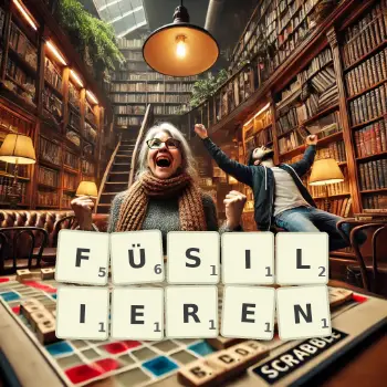 Kreative Illustration für ein Scrabble-Spiel, bei dem das Wort FÜSILIEREN mit Steinen auf dem Brett gelegt wurde.