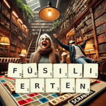 Kreative Illustration für ein Scrabble-Spiel, bei dem das Wort FÜSILIERTEN mit Steinen auf dem Brett gelegt wurde.
