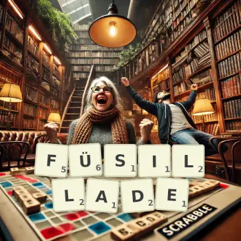 Kreative Illustration für ein Scrabble-Spiel, bei dem das Wort FÜSILLADE mit Steinen auf dem Brett gelegt wurde.