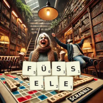 Kreative Illustration für ein Scrabble-Spiel, bei dem das Wort FÜSSELE mit Steinen auf dem Brett gelegt wurde.