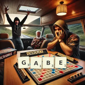 Kreative Illustration für ein Scrabble-Spiel, bei dem das Wort GABE mit Steinen auf dem Brett gelegt wurde.