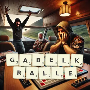 Kreative Illustration für ein Scrabble-Spiel, bei dem das Wort GABELKRALLE mit Steinen auf dem Brett gelegt wurde.