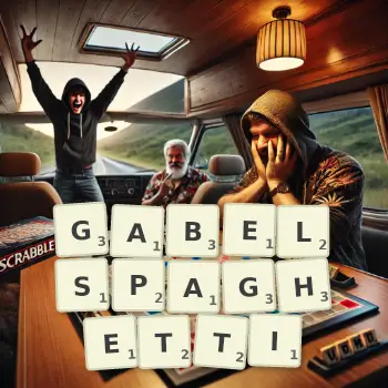 Kreative Illustration für ein Scrabble-Spiel, bei dem das Wort GABELSPAGHETTI mit Steinen auf dem Brett gelegt wurde.