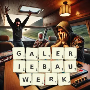 Kreative Illustration für ein Scrabble-Spiel, bei dem das Wort GALERIEBAUWERK mit Steinen auf dem Brett gelegt wurde.