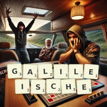 Kreative Illustration für ein Scrabble-Spiel, bei dem das Wort GALILEISCHE mit Steinen auf dem Brett gelegt wurde.