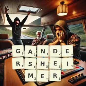 Kreative Illustration für ein Scrabble-Spiel, bei dem das Wort GANDERSHEIMER mit Steinen auf dem Brett gelegt wurde.