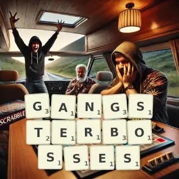 Kreative Illustration für ein Scrabble-Spiel, bei dem das Wort GANGSTERBOSSES mit Steinen auf dem Brett gelegt wurde.