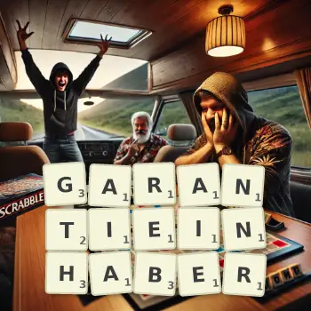 Kreative Illustration für ein Scrabble-Spiel, bei dem das Wort GARANTIEINHABER mit Steinen auf dem Brett gelegt wurde.