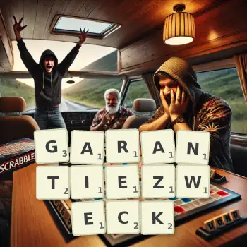 Kreative Illustration für ein Scrabble-Spiel, bei dem das Wort GARANTIEZWECK mit Steinen auf dem Brett gelegt wurde.