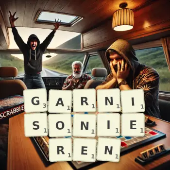 Kreative Illustration für ein Scrabble-Spiel, bei dem das Wort GARNISONIEREN mit Steinen auf dem Brett gelegt wurde.