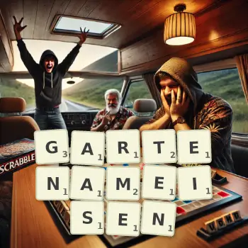 Kreative Illustration für ein Scrabble-Spiel, bei dem das Wort GARTENAMEISEN mit Steinen auf dem Brett gelegt wurde.