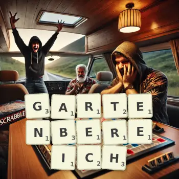 Kreative Illustration für ein Scrabble-Spiel, bei dem das Wort GARTENBEREICH mit Steinen auf dem Brett gelegt wurde.