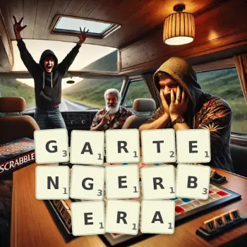Kreative Illustration für ein Scrabble-Spiel, bei dem das Wort GARTENGERBERA mit Steinen auf dem Brett gelegt wurde.