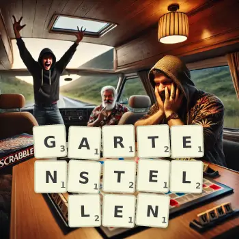 Kreative Illustration für ein Scrabble-Spiel, bei dem das Wort GARTENSTELLEN mit Steinen auf dem Brett gelegt wurde.