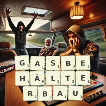 Kreative Illustration für ein Scrabble-Spiel, bei dem das Wort GASBEHÄLTERBAU mit Steinen auf dem Brett gelegt wurde.