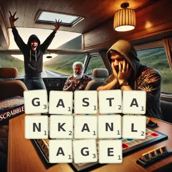 Kreative Illustration für ein Scrabble-Spiel, bei dem das Wort GASTANKANLAGE mit Steinen auf dem Brett gelegt wurde.