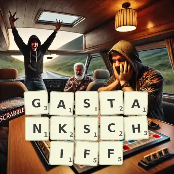 Kreative Illustration für ein Scrabble-Spiel, bei dem das Wort GASTANKSCHIFF mit Steinen auf dem Brett gelegt wurde.