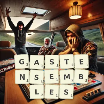 Kreative Illustration für ein Scrabble-Spiel, bei dem das Wort GASTENSEMBLES mit Steinen auf dem Brett gelegt wurde.