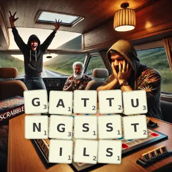 Kreative Illustration für ein Scrabble-Spiel, bei dem das Wort GATTUNGSSTILS mit Steinen auf dem Brett gelegt wurde.