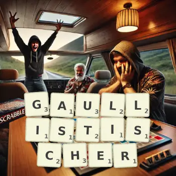 Kreative Illustration für ein Scrabble-Spiel, bei dem das Wort GAULLISTISCHER mit Steinen auf dem Brett gelegt wurde.