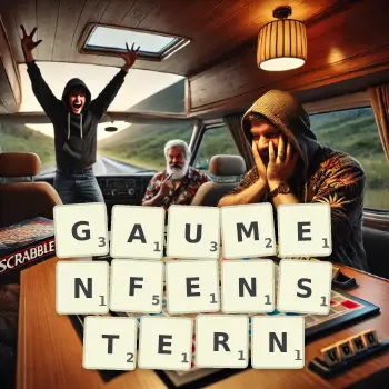 Kreative Illustration für ein Scrabble-Spiel, bei dem das Wort GAUMENFENSTERN mit Steinen auf dem Brett gelegt wurde.