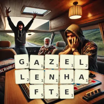 Kreative Illustration für ein Scrabble-Spiel, bei dem das Wort GAZELLENHAFTE mit Steinen auf dem Brett gelegt wurde.