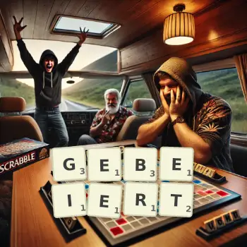 Kreative Illustration für ein Scrabble-Spiel, bei dem das Wort GEBEIERT mit Steinen auf dem Brett gelegt wurde.