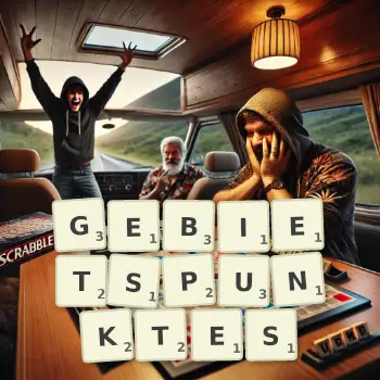 Kreative Illustration für ein Scrabble-Spiel, bei dem das Wort GEBIETSPUNKTES mit Steinen auf dem Brett gelegt wurde.