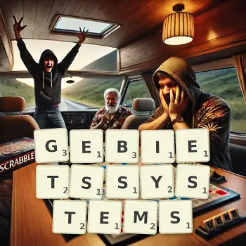 Kreative Illustration für ein Scrabble-Spiel, bei dem das Wort GEBIETSSYSTEMS mit Steinen auf dem Brett gelegt wurde.
