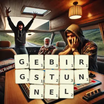 Kreative Illustration für ein Scrabble-Spiel, bei dem das Wort GEBIRGSTUNNEL mit Steinen auf dem Brett gelegt wurde.