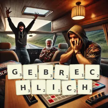 Kreative Illustration für ein Scrabble-Spiel, bei dem das Wort GEBRECHLICH mit Steinen auf dem Brett gelegt wurde.