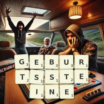 Kreative Illustration für ein Scrabble-Spiel, bei dem das Wort GEBURTSSTEINE mit Steinen auf dem Brett gelegt wurde.