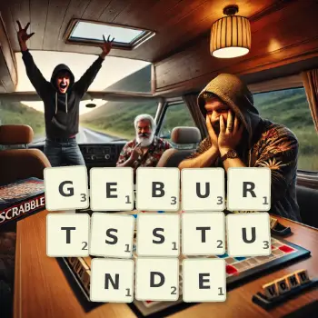 Kreative Illustration für ein Scrabble-Spiel, bei dem das Wort GEBURTSSTUNDE mit Steinen auf dem Brett gelegt wurde.