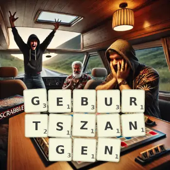 Kreative Illustration für ein Scrabble-Spiel, bei dem das Wort GEBURTSZANGEN mit Steinen auf dem Brett gelegt wurde.