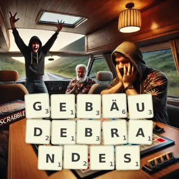 Kreative Illustration für ein Scrabble-Spiel, bei dem das Wort GEBÄUDEBRANDES mit Steinen auf dem Brett gelegt wurde.