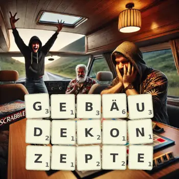 Kreative Illustration für ein Scrabble-Spiel, bei dem das Wort GEBÄUDEKONZEPTE mit Steinen auf dem Brett gelegt wurde.